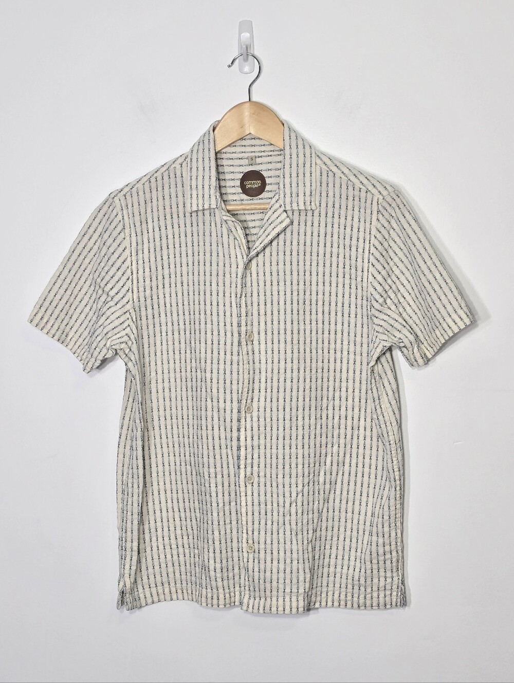 Common People Men's Ivory Blue Striped Linen Cotton Blend Casual Button Down S